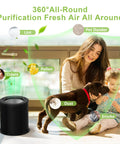 Replacement Filter For Puro 130i Air Purifier With HEPA And Activated Carbon Filtration 3 Stage System For Pollen Smoke Dust And Household Pollutants Keeps Your Indoor Air Fresh And Clean in use with mother and child, showing effectiveness against pet dander, pollen, odors, and smoke.