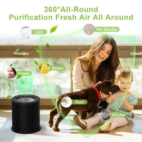 Replacement Filter For Puro 130i Air Purifier With HEPA And Activated Carbon Filtration 3 Stage System For Pollen Smoke Dust And Household Pollutants Keeps Your Indoor Air Fresh And Clean in use with mother and child, showing effectiveness against pet dander, pollen, odors, and smoke.