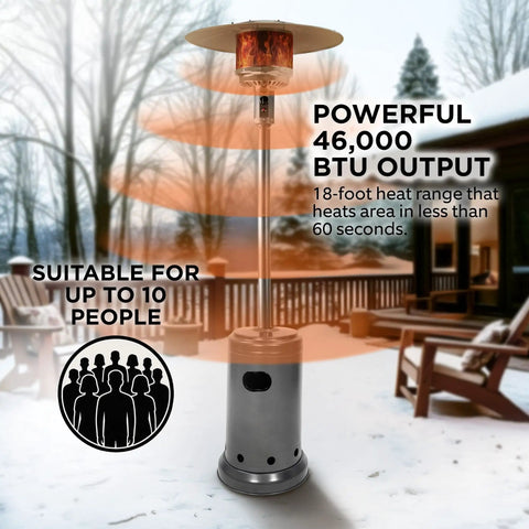 46,000 BTU Portable Outdoor Propane Patio Heater With Wheels, Adjustable Heat Output, 9 Foot Radius, Slate Gray