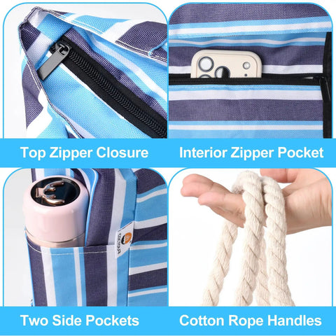 Large Beach Bag For Women Waterproof And Sandproof With Zipper Wet Pocket Beach Tote details including pockets and rope handles