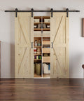 56 X 84 Inch Solid Wood Panelled Barn Door Set With Heavy Duty Sliding Hardware Kit For Two Doors Unfinished Surface Ready To Stain DIY Friendly Assembly Fits 52 To 54 Inch Wide Openings