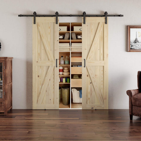 56 X 84 Inch Solid Wood Panelled Barn Door Set With Heavy Duty Sliding Hardware Kit For Two Doors Unfinished Surface Ready To Stain DIY Friendly Assembly Fits 52 To 54 Inch Wide Openings