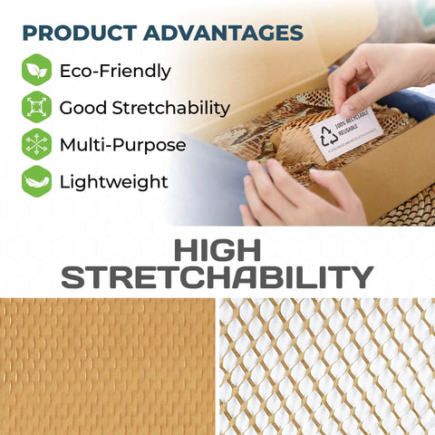 Eco Friendly Honeycomb Packing Paper For Shipping And Moving Cushions Delicate Items In A Handy Dispenser Box And Replaces Bubble Wrap With Sustainable PEFC Certified Paper That Is Plastic Free Reusable And Great For Protection with product advantages and high stretchability features.