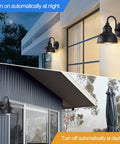 Gooseneck Barn Light With Dusk To Dawn Sensor Outdoor Old School Farmhouse Wall Sconce For Patio Porch Garage 1 Light Weather Resistant Black Finish Classic Barn Lighting Fixture 7.08 Inch Diameter shown in day and night use