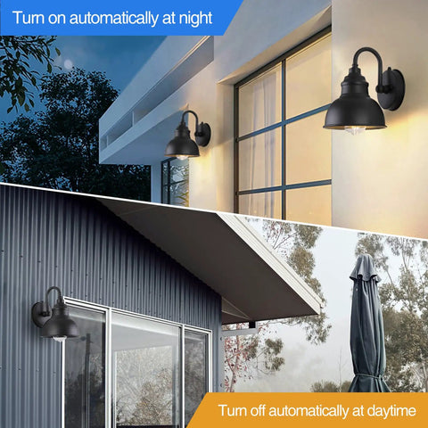 Gooseneck Barn Light With Dusk To Dawn Sensor Outdoor Old School Farmhouse Wall Sconce For Patio Porch Garage 1 Light Weather Resistant Black Finish Classic Barn Lighting Fixture 7.08 Inch Diameter shown in day and night use