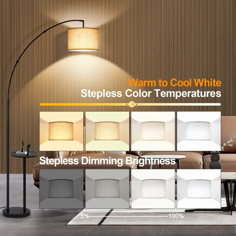 Arc Floor Lamp With Table And Marble Base, 81 Inch Tall, LED Dimmable With Remote And Four Color Temperature, dimming shown
