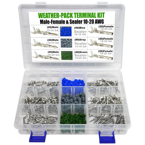 Ultimate 320 Pcs Weather-Proof Electrical Connector Kit With Male Female Terminals And Sealing Sleeves For Heavy Wiring Up To 20 Amps In Multiple Gauge Sizes Perfect For Any Auto Or Marine Job, open case