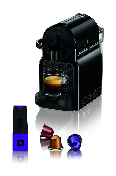 Inissia Style Espresso Machine For Home Use Compact Black Coffee Maker with cups on table