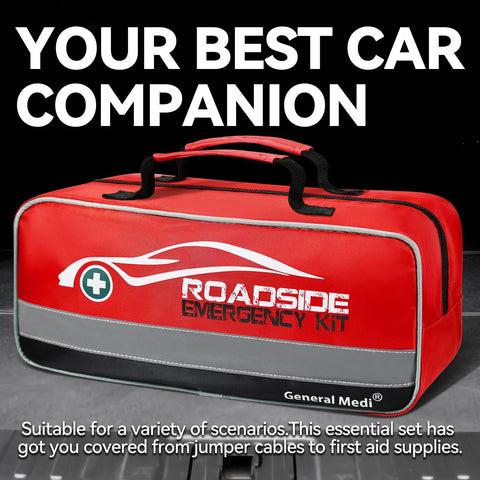 General Medi 127-piece roadside emergency kit bag, red with gray base and carrying handles.