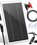 12V Solar Battery Charger Maintainer For Cars, Boats, Motorcycles And RVs, Waterproof Portable Trickle Charger With Cigarette Lighter Plug And Alligator Clips, Keeps 12V Batteries Charged When Not In Use, 2.5W shown with accessories.