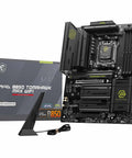 Beast AM5 Gaming Motherboard With WiFi 7 And 5G LAN DDR5 Boost To 8400 MTs PCIe 5 X16 M2 Gen5 ATX Form Factor next to box
