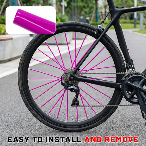 Bicycle wheel with 72 Piece Purple Bicycle Spoke Covers Dope Wheel Skins Fit 8 To 21 Inch Rims on city street