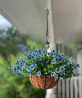 Hanging plant basket with blue flowers using Heavy Duty 12 Inch S Hooks With Safety Buckle For Hanging Plants And More.