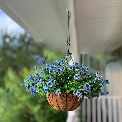 Hanging plant basket with blue flowers using Heavy Duty 12 Inch S Hooks With Safety Buckle For Hanging Plants And More.