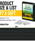 3ftx50ft Heavy Duty Weed Barrier Landscape Fabric package with folding view and securing pegs included