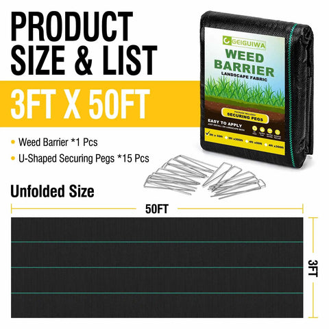 3ftx50ft Heavy Duty Weed Barrier Landscape Fabric package with folding view and securing pegs included