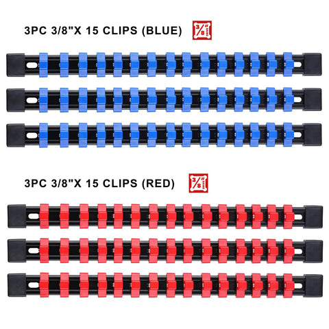 Six Piece Three Eighths Inch Drive Socket Organizer Rails Set With SAE And Metric Holder Rails In Red And Blue