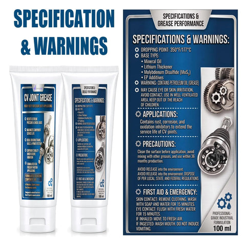 2 Pack CV Joint Grease 3.38oz Each Heavy Duty Lubricant For Constant Velocity Axles Reduces Friction Noise And Wear Extends CV Joint Life Premium Automotive Grease tubes with specifications panel, 100 ml
