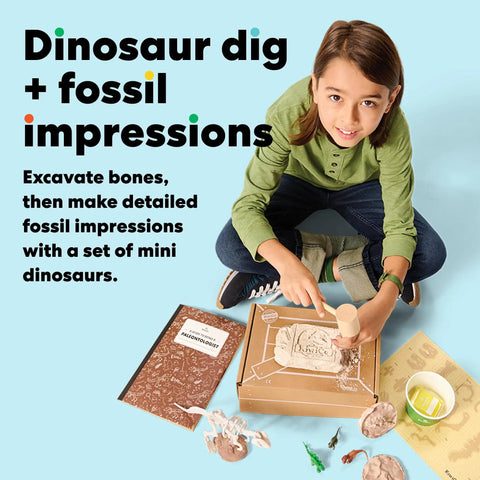 Science Explorer Gift Bundle For Kids 5-9: Geologist, Astronaut And Paleontologist Kits, Hands On STEM Projects, Space And Earth Science Fun, Build, Explore, Dig And Learn. Child digging fossil impressions