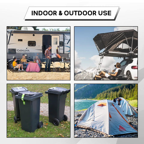 Collage showing indoor and outdoor use of 31 Inch Rubber Tarp Straps With 150 Percent Max Stretch 100 Percent EPDM Bungee Cords