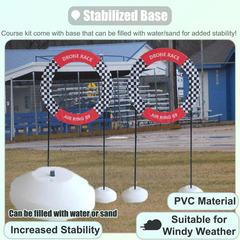 FPV Drone Racing Kit With DIY Obstacle Course for Indoor and Outdoor Use, featuring stabilized PVC bases and air rings for added stability