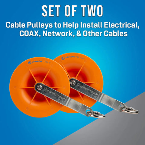 Cable Pulley Set Two Pack For Low Voltage Electrical And Network Cables with orange wheels and swivel hooks