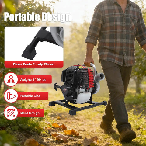 Person carrying High Flow Gas Water Pump For Garden And Farm 1.6HP 4 Stroke Trash Pump, highlighting portable design and features