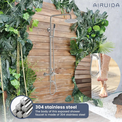 Outdoor Shower System in SUS304 Brushed Nickel on wooden wall with plants, 8 Inch Rainfall Head, Handheld Spray, Tub Spout, Patio Use