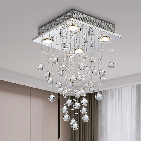 Dope Chrome Modern Crystal Raindrop Chandelier Flush Mount LED Ceiling Light Fixture Pendant Lamp for Dining Room 12x20"