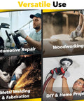 Collage showing 2 Pack 4.5 Inch Angle Grinder Backing Pad With 5/8-11 Thread in automotive, woodworking, welding, and DIY use.