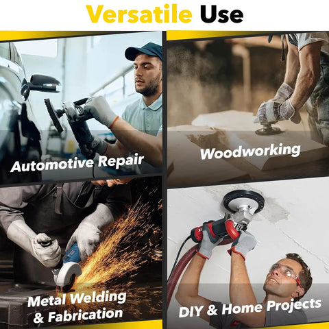 Collage showing 2 Pack 4.5 Inch Angle Grinder Backing Pad With 5/8-11 Thread in automotive, woodworking, welding, and DIY use.
