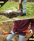 Person using Heavy Duty 4-Tine Garden Spading Fork with 43 Inch Fiberglass Handle for turning soil and forking grass.