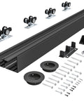 4 Ft Bypass Door Hardware Kit For Closet Doors, Top Mounted Track System In Black, Heavy Duty Aluminum, shown with components