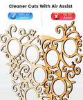 Two circular wooden laser-cut medallions with intricate scrollwork