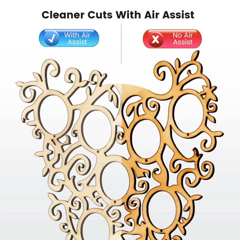 Two circular wooden laser-cut medallions with intricate scrollwork