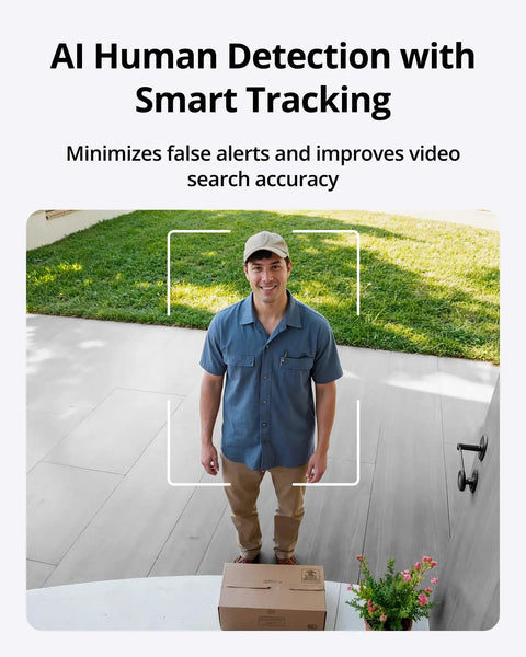 Delivery person detected by 2K HD Outdoor Lantern Camera with Wi Fi, Wall Light Cam, Pan and Tilt, Human Detection feature.