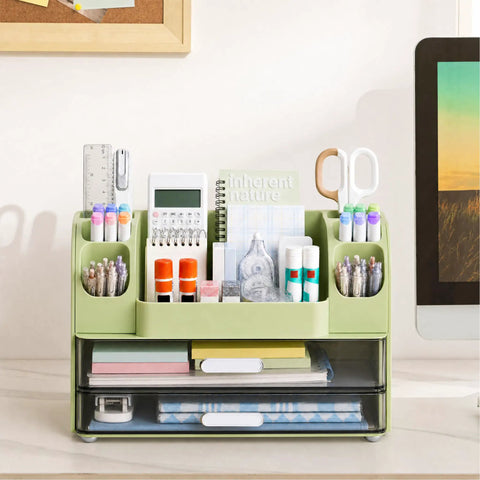 Spacious Desk Organizer With Pencil And Pen Holder 2 Drawers And Side Compartments Desktop Storage In Green on desk