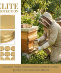 Beekeeper using Eight Pack Mason Jar Bee Feeder Lids with Perforated Metal Entrance for hive water or sugar syrup, gold finish.