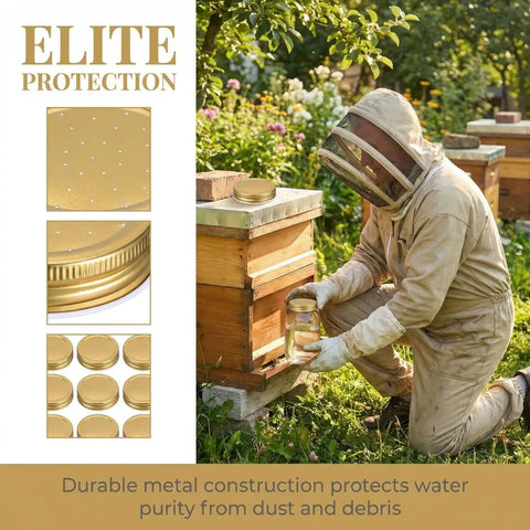 Beekeeper using Eight Pack Mason Jar Bee Feeder Lids with Perforated Metal Entrance for hive water or sugar syrup, gold finish.