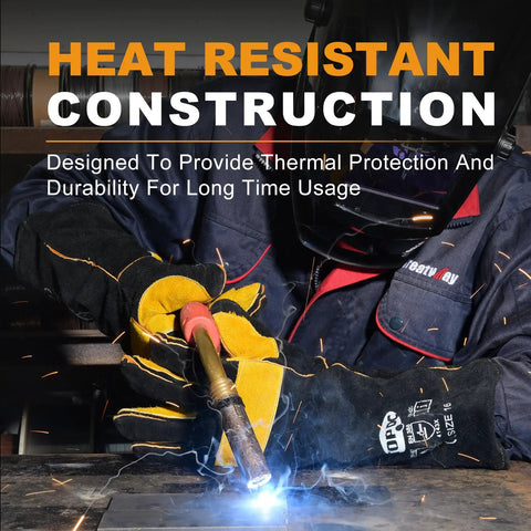 Welder using 16 Inch Extreme Heat Resistant Leather Welding Gloves With Kevlar Reinforcement and Double Stitching for Mig Tig Stick Welding.