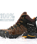Side view of 6 Inch Waterproof Steel Toe Work Boots For Men EH Rated Oil And Slip Resistant Full Grain Leather Lace Up Safety Shoes For Roofing Hunting And Heavy Duty Industrial Jobs Built Tough As Nails in water.