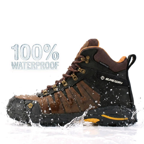 Side view of 6 Inch Waterproof Steel Toe Work Boots For Men EH Rated Oil And Slip Resistant Full Grain Leather Lace Up Safety Shoes For Roofing Hunting And Heavy Duty Industrial Jobs Built Tough As Nails in water.