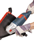 Worker using a Dust Collector Attachment And Cutting Dust Shroud For Angle Grinders 7 Inch And 9 Inch Captures 95 Percent Of Dust.