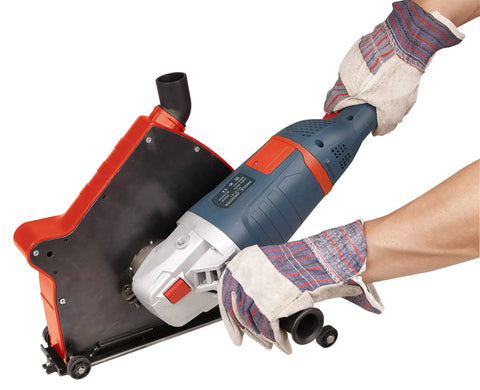 Worker using a Dust Collector Attachment And Cutting Dust Shroud For Angle Grinders 7 Inch And 9 Inch Captures 95 Percent Of Dust.