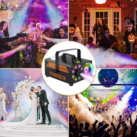 Powerful 600W Fog Machine with Disco Ball and 13 Color LED Lights at parties, wedding, and DJ events, creating big party vibes.