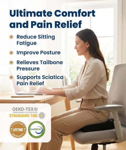 Memory Foam Seat Cushion For Office Chairs And Cars, Doctor Recommended Ergonomic Comfort For Tailbone Pain Relief And Sciatica, All Day Sit Comfort, Large, Black in use on office chair.