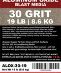 Label of Coarse Aluminum Oxide Abrasive Media For Sand Blasting Cabinets And Guns 19 Lbs Tough As Nails Sharp Angular Grit For Quick Surface Prep Etches Glass And Metal Long Lasting And Reusable Non Reactant No Crystalline Silica, showing 30 grit specification.