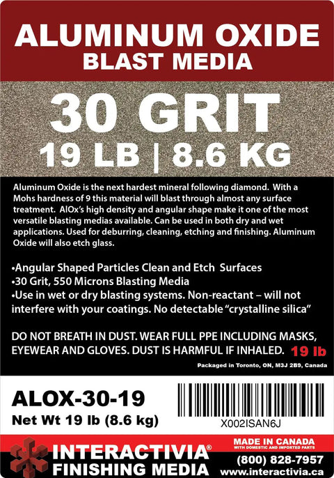 Label of Coarse Aluminum Oxide Abrasive Media For Sand Blasting Cabinets And Guns 19 Lbs Tough As Nails Sharp Angular Grit For Quick Surface Prep Etches Glass And Metal Long Lasting And Reusable Non Reactant No Crystalline Silica, showing 30 grit specification.