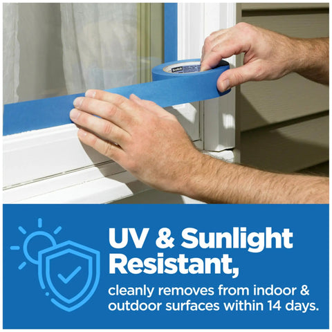 Applying Multi Surface Painter Tape Set, 0.94 Inch Wide Blue Masking Tape For Indoor And Outdoor Painting on window frame.
