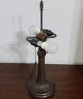 Base of Tiffany Style Table Lamp With Floral Banker Design, Stained Glass White And Gray, dual sockets, no shade, 23 Inches Tall